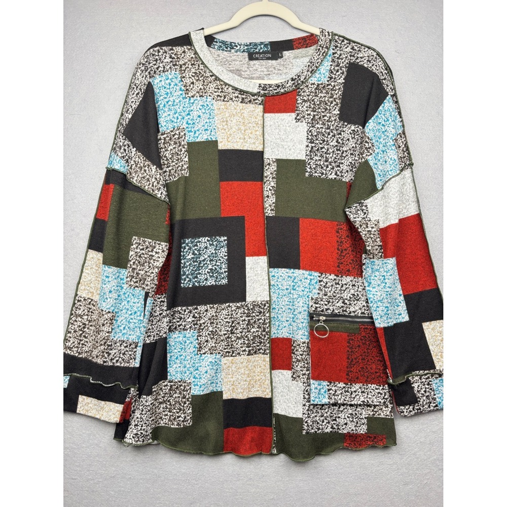 Creation Knit Top Womens L Colorblock Patchwork Zipper Pocket Artsy Lagenlook